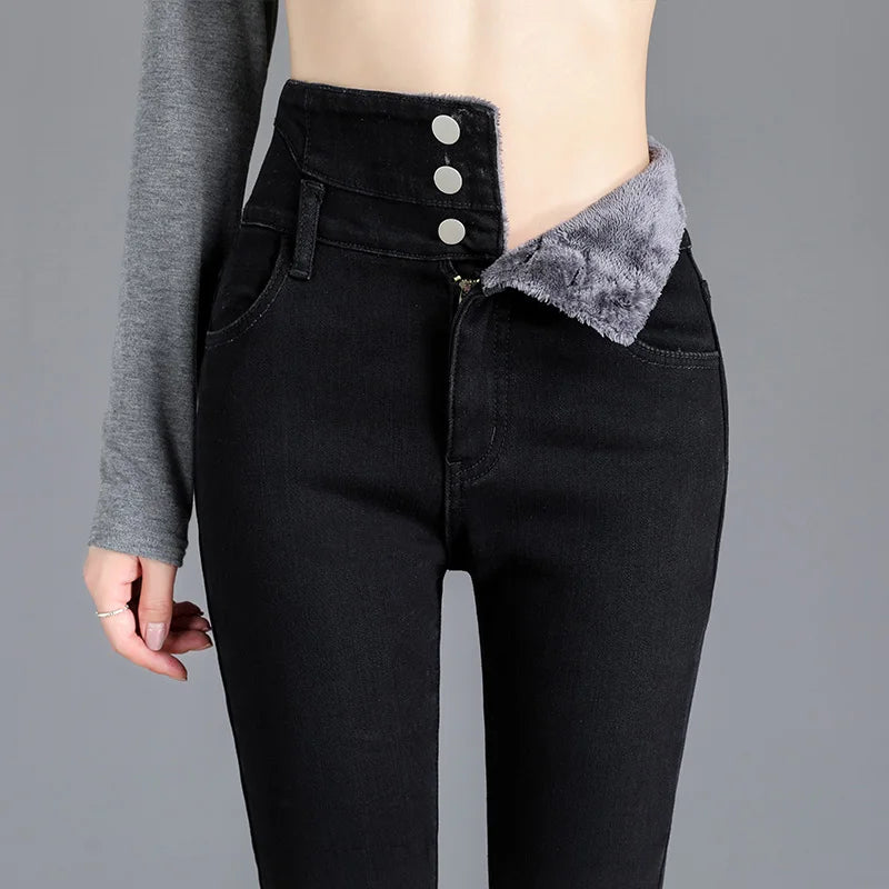 Thermal Winter Fleece Jeans – High-Waist, Warm, Skinny, Stretchy, Velvet, Mom Casual Button Pencil Pants