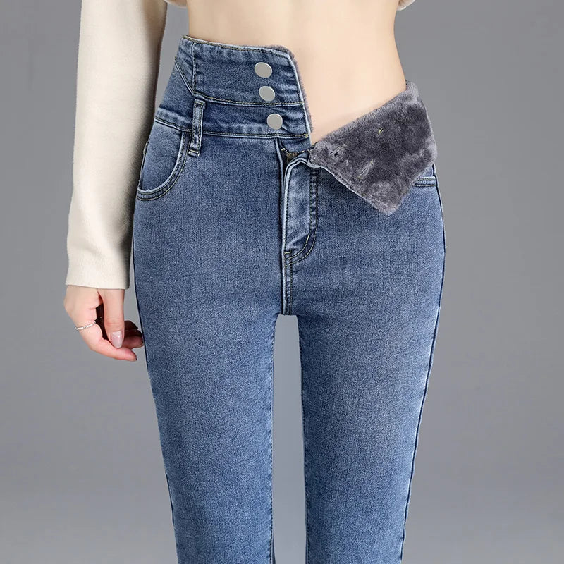 Thermal Winter Fleece Jeans – High-Waist, Warm, Skinny, Stretchy, Velvet, Mom Casual Button Pencil Pants