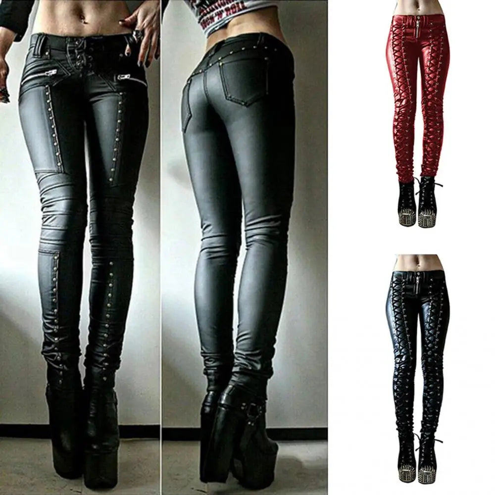 Women’s Steampunk Faux Leather Ruffle Pants – Skinny, Button Trousers, Carnival Party, 2021 Women's Fashion