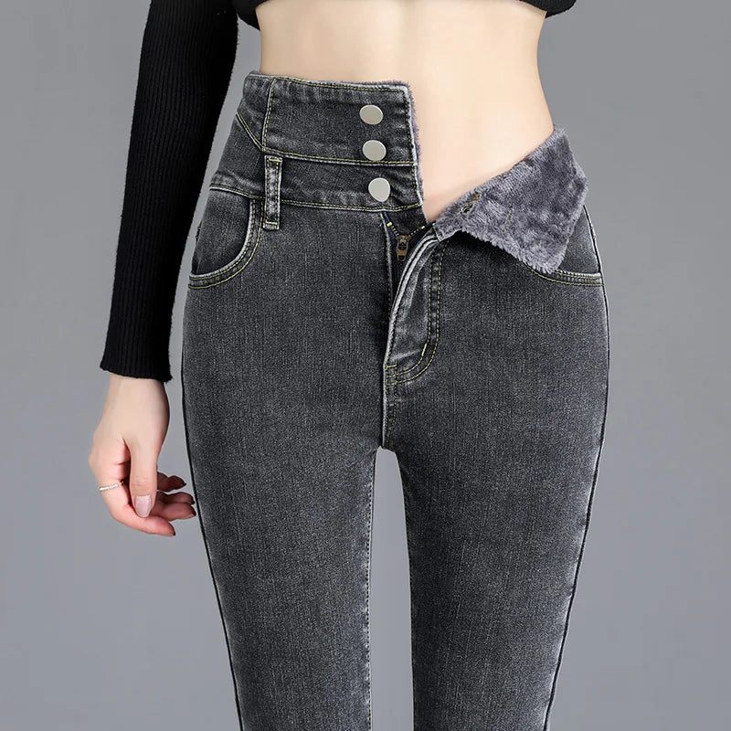 Thermal Winter Fleece Jeans – High-Waist, Warm, Skinny, Stretchy, Velvet, Mom Casual Button Pencil Pants