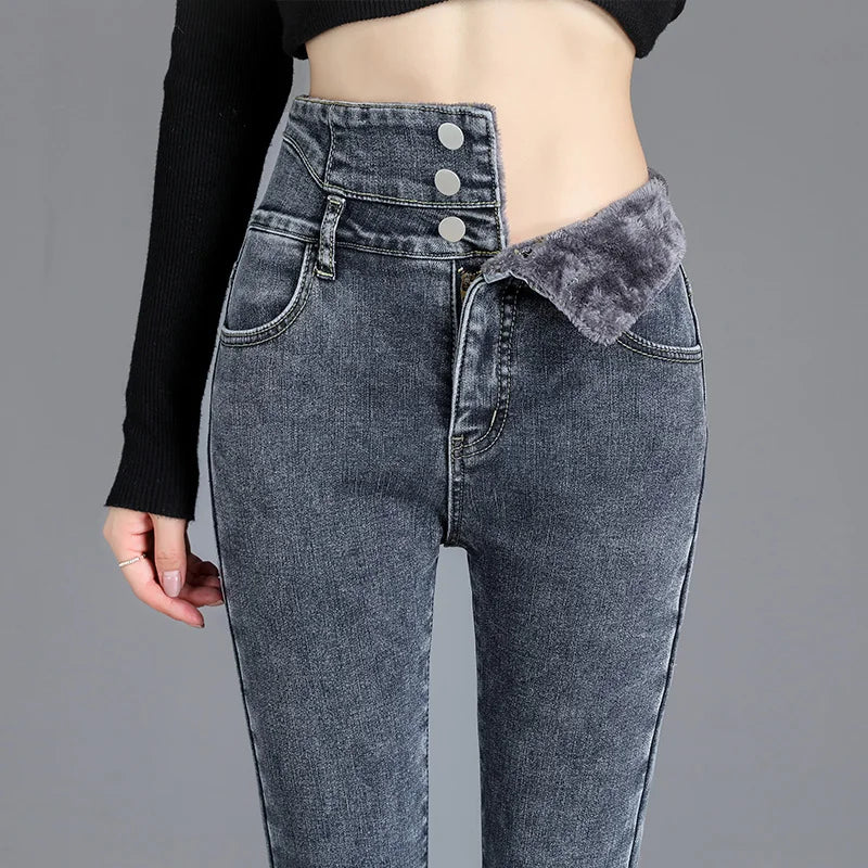 Thermal Winter Fleece Jeans – High-Waist, Warm, Skinny, Stretchy, Velvet, Mom Casual Button Pencil Pants