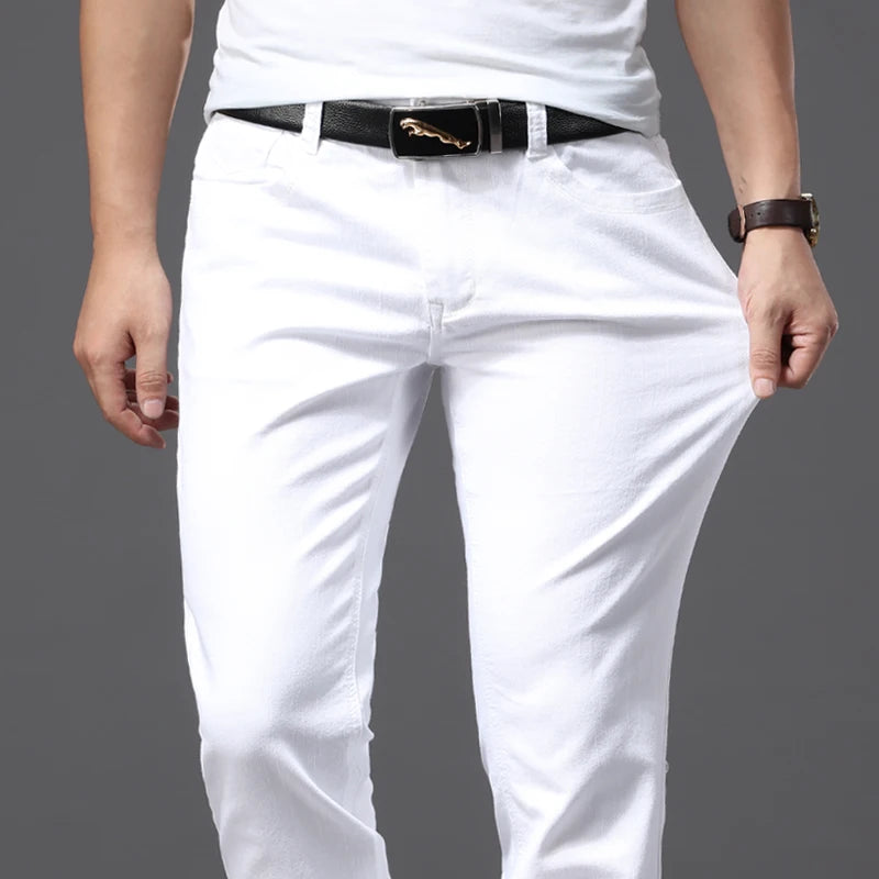 Men's White Jeans: Fashionable, slim-fit, soft, and stretchy for a classic casual look.