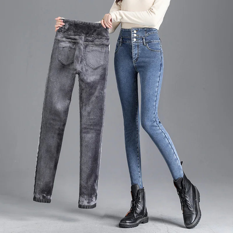 Thermal Winter Fleece Jeans – High-Waist, Warm, Skinny, Stretchy, Velvet, Mom Casual Button Pencil Pants