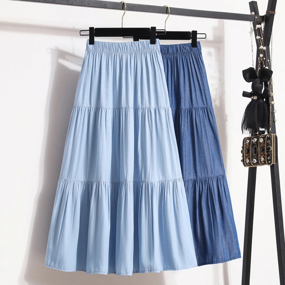 Women's Patchwork Denim A-Line Skirt – Color Spliced, Tencel, Big Swing, Long & Flowing Thin Skirt