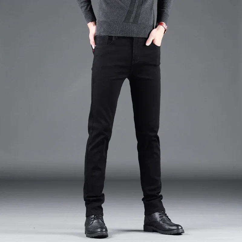 Spring-Autumn Men's Black Slim Jeans: Elastic, straight-fit, business-casual Korean vintage style.