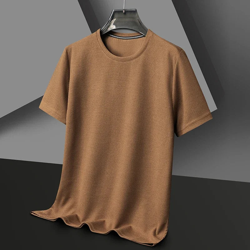 "Men's Summer Waffle Round Neck T-Shirt - Comfortable & Breathable for Casual Wear"