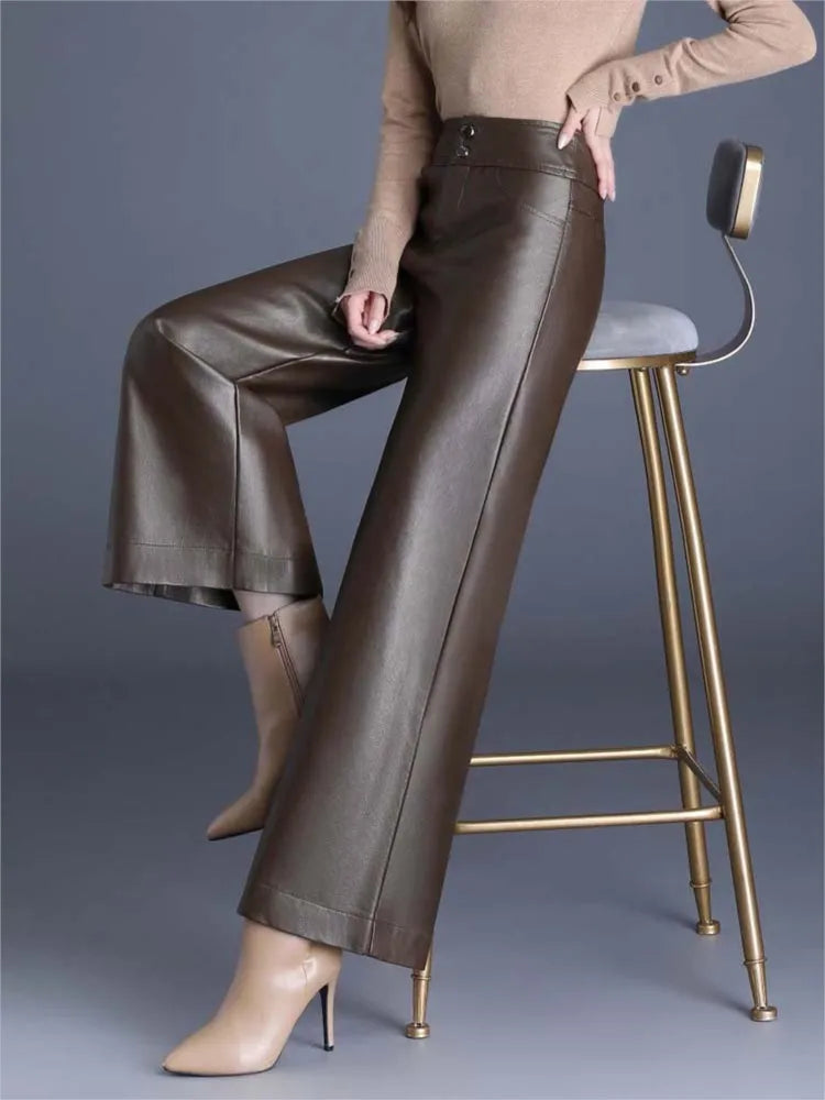 ZUZK High-Quality Women’s PU Leather Wide-Leg Pants – Autumn/Winter, Fashionable, Warm, Elegant Leather Trousers