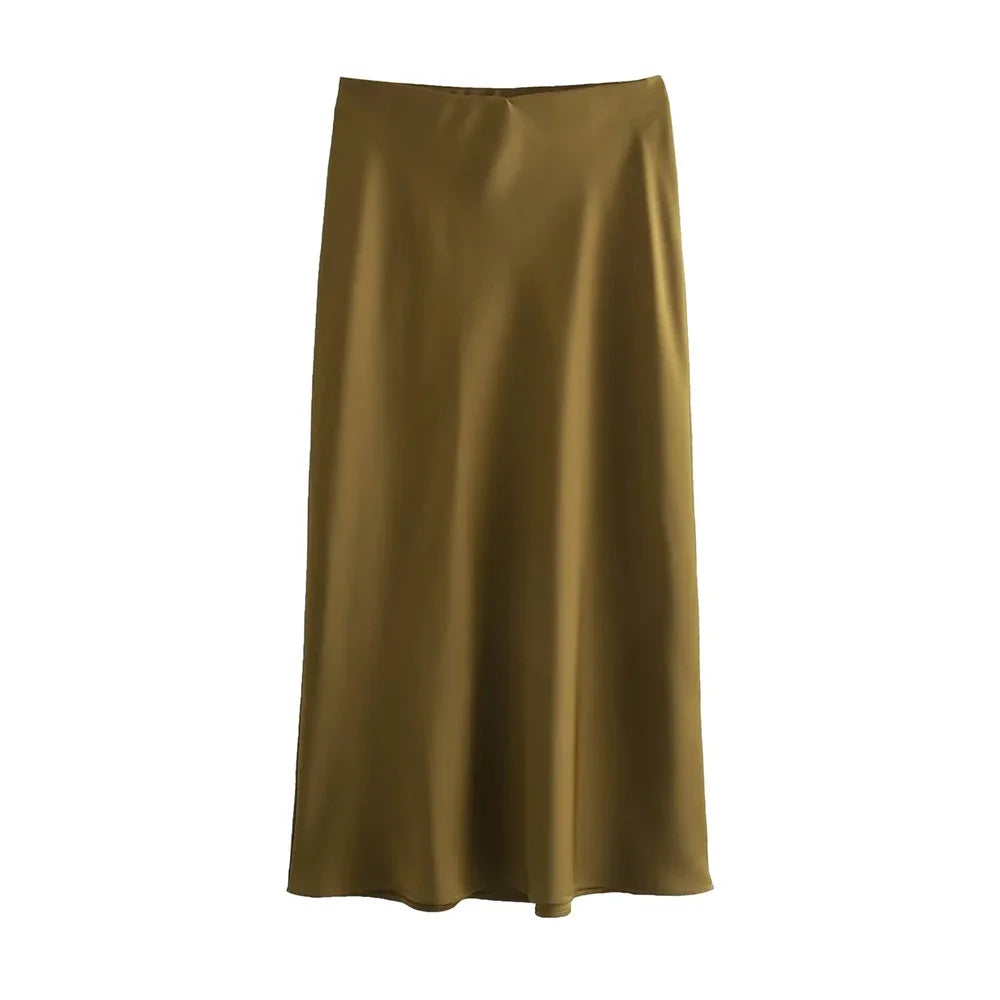 Women's Flowing Satin Midi Skirt – High Waist, Elastic Band, Chic Fashion