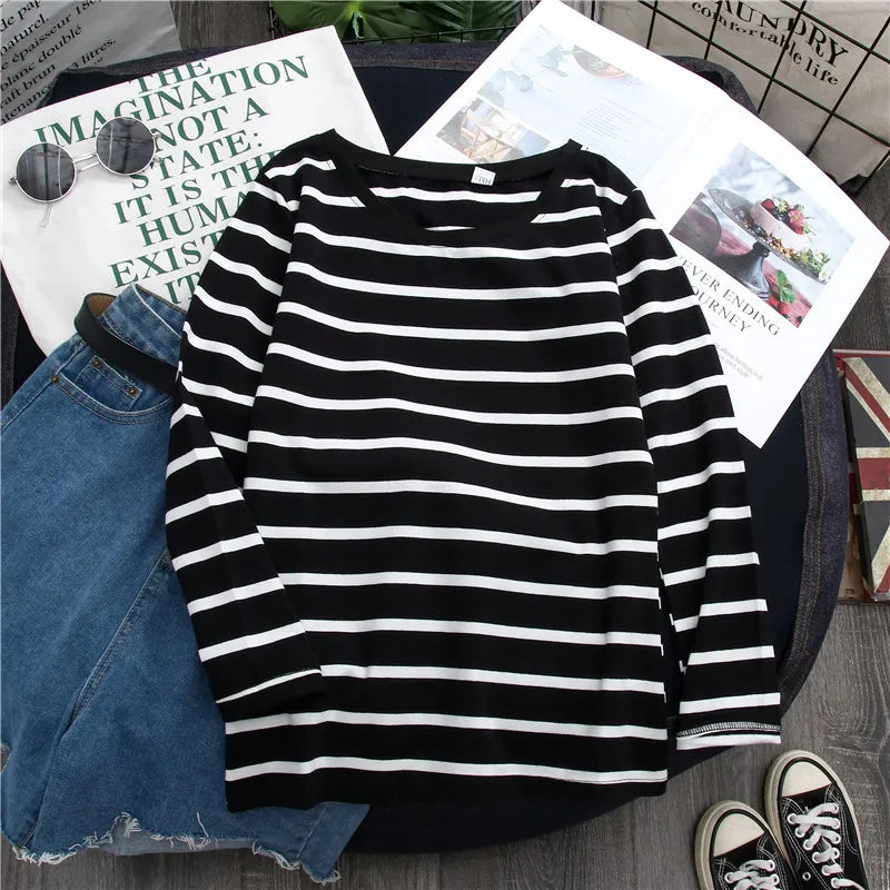 Black Striped Top – Spring/Autumn, Long Sleeve, Foreign Style, Women’s T-shirt