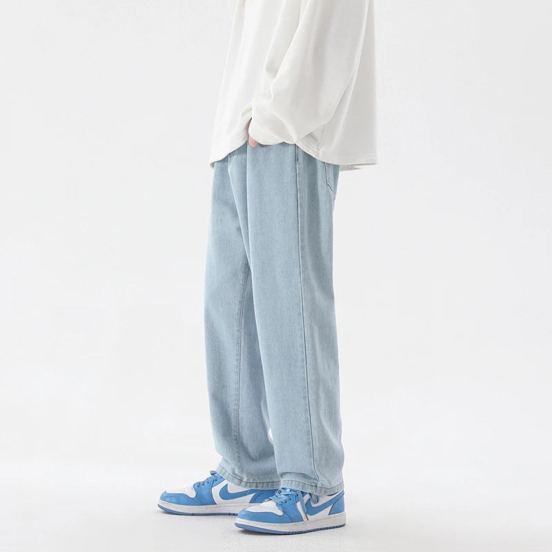 2023 Korean Fashion Men's Jeans: Ankle-length, straight fit, wide-leg denim in light blue, grey, black.