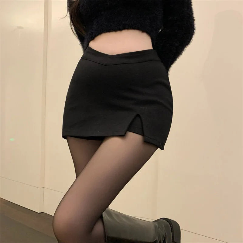 Black Split Mini Skirt – High Waist, Slit, Streetwear, Korean Party Fashion, Irregular A-Line