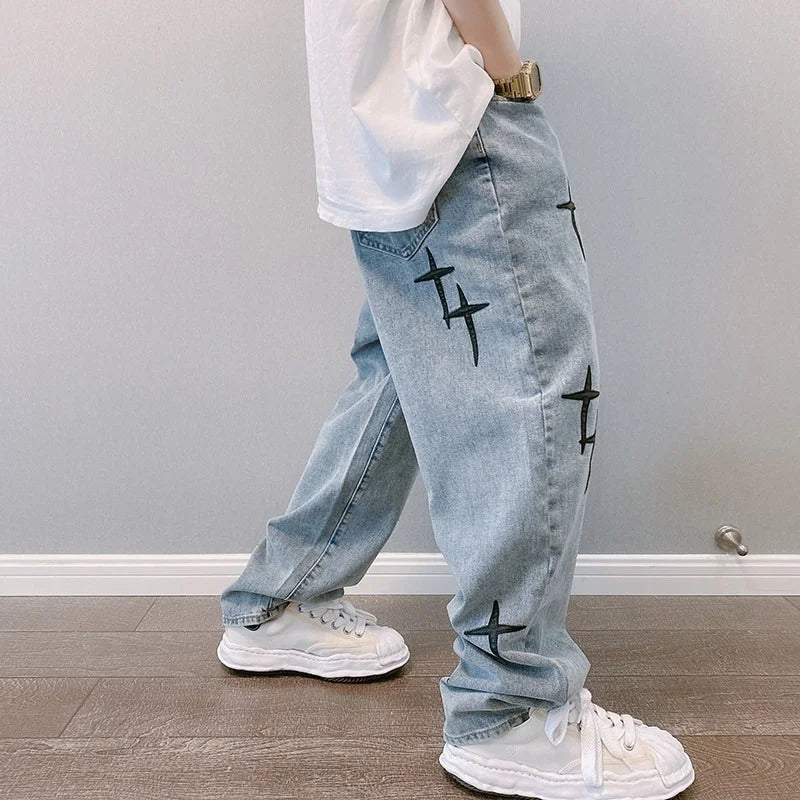 2023 Men's Print Jeans: Streetwear baggy, wide-leg, Korean fashion, loose denim cargo pants.