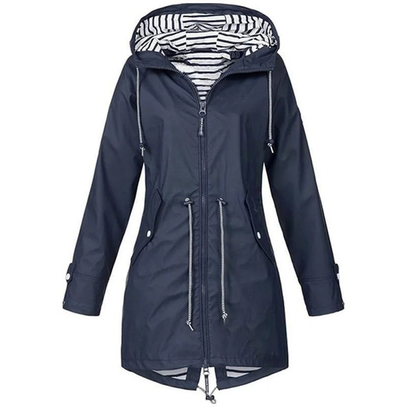 Women's Waterproof Raincoat – Lightweight, Drawstring, Casual Outdoor Trench Jacket