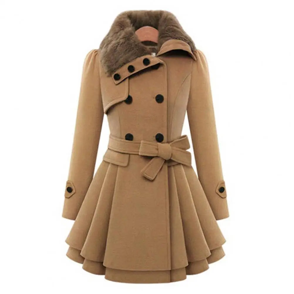 Women's Trench Coat – Thick, Midi Length, Double-Breasted, A-Line, Tight Waist, Autumn/Winter Jacket