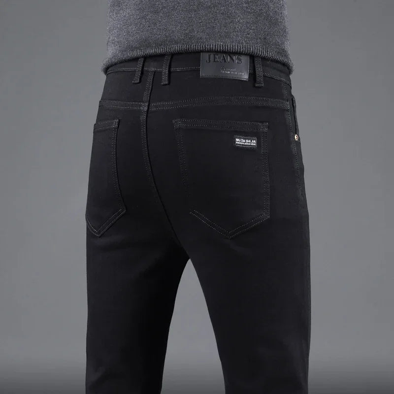 Spring-Autumn Men's Black Slim Jeans: Elastic, straight-fit, business-casual Korean vintage style.