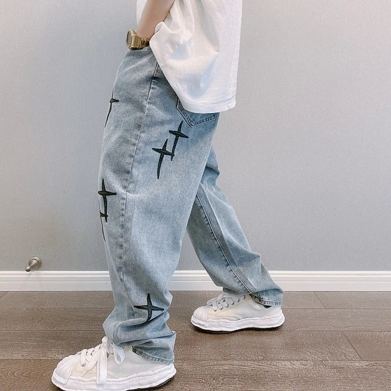 2023 Men's Print Jeans: Streetwear baggy, wide-leg, Korean fashion, loose denim cargo pants.