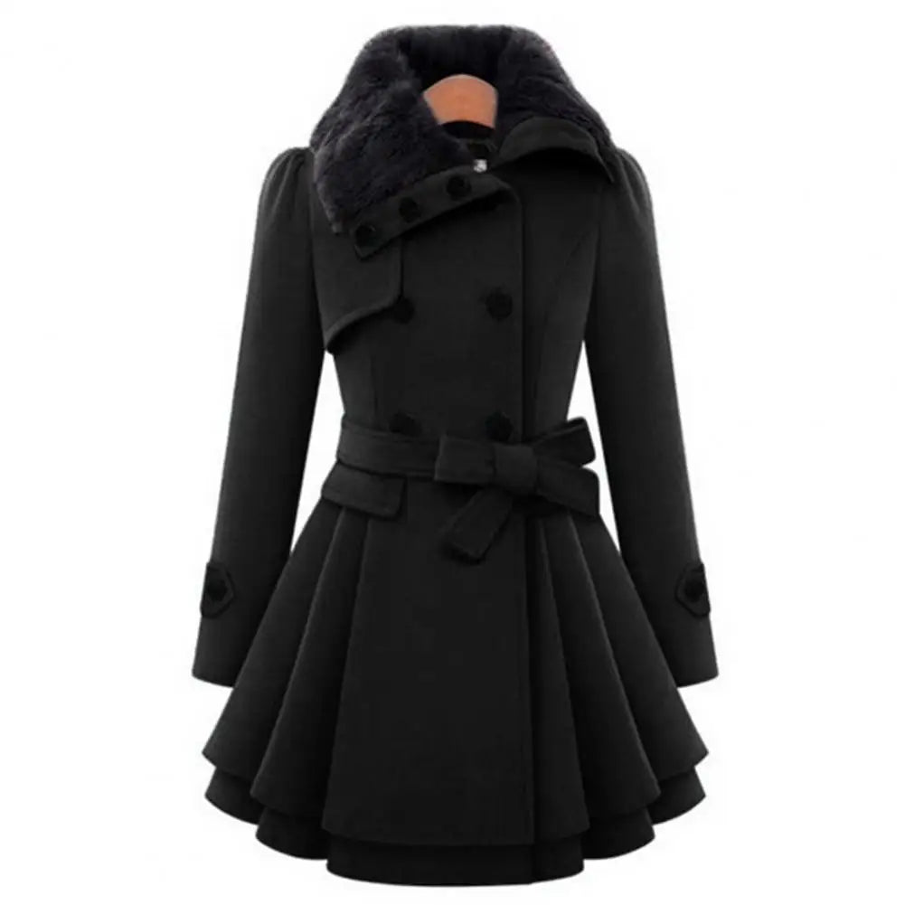 Women's Trench Coat – Thick, Midi Length, Double-Breasted, A-Line, Tight Waist, Autumn/Winter Jacket