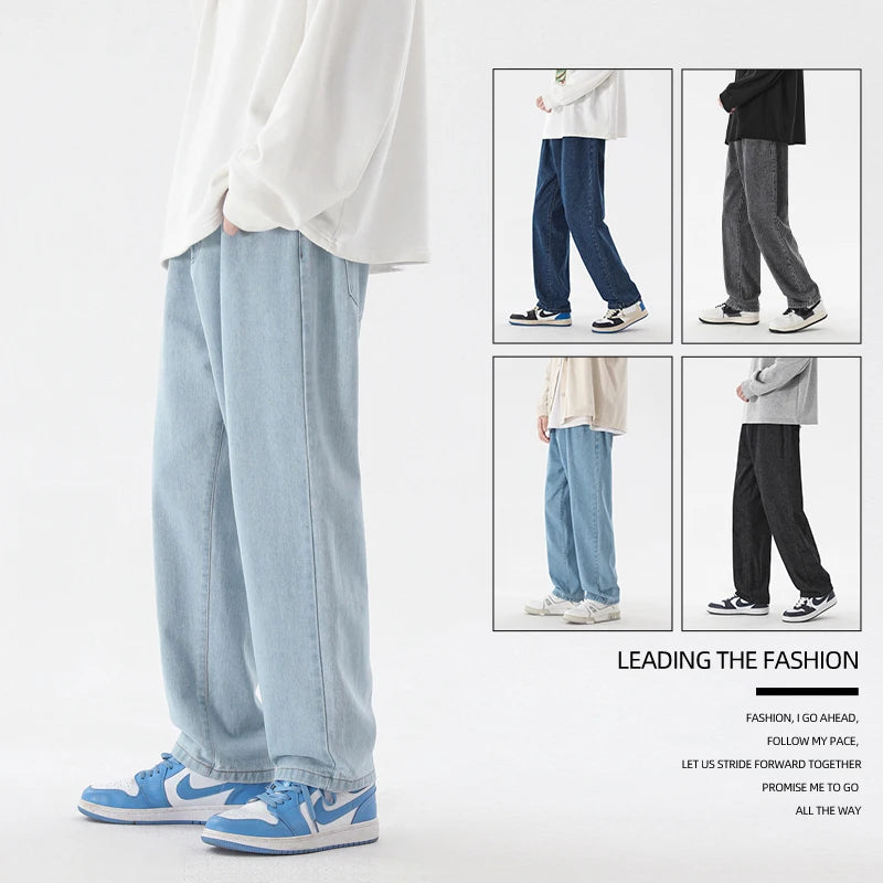 2023 Korean Fashion Men's Jeans: Ankle-length, straight fit, wide-leg denim in light blue, grey, black.