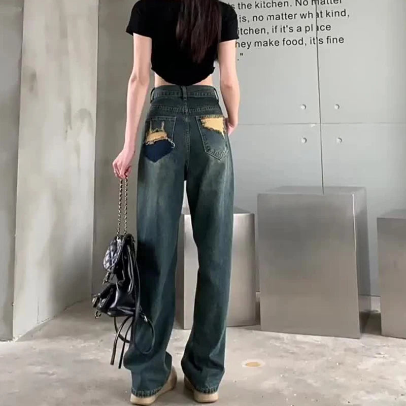 Wide-Leg Jeans for Women – High-Waisted, Contrasting Straight Leg, Loose Fit, Autumn Streetwear Pants