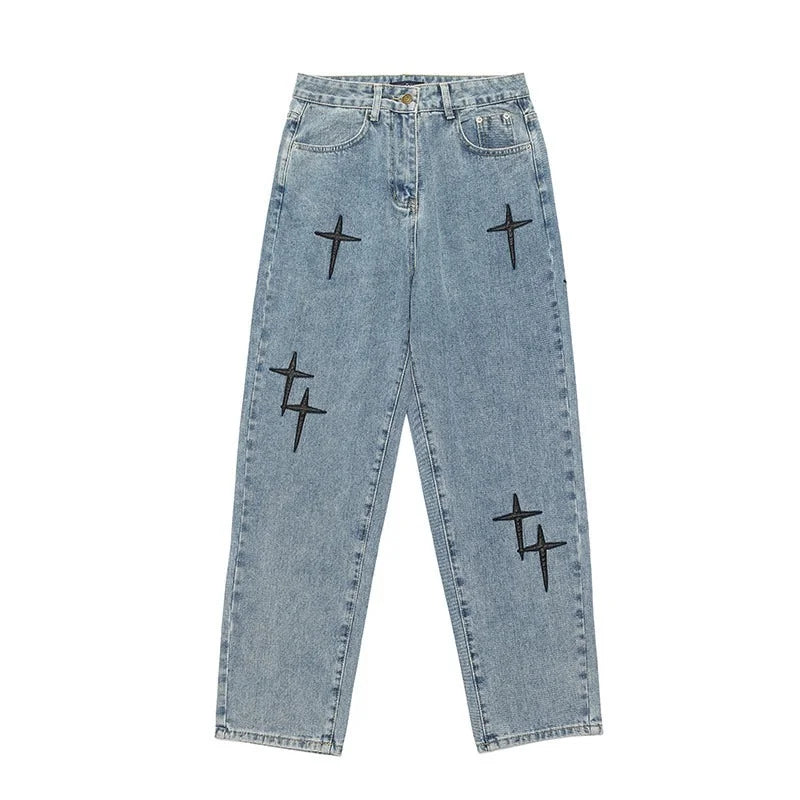 2023 Men's Print Jeans: Streetwear baggy, wide-leg, Korean fashion, loose denim cargo pants.