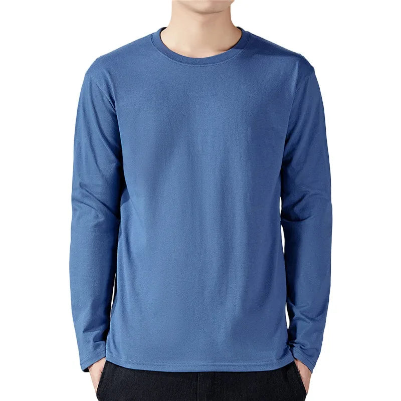 Men's Cotton Long Sleeve T-shirt: Solid color, full length, perfect for spring and autumn as an undershirt.