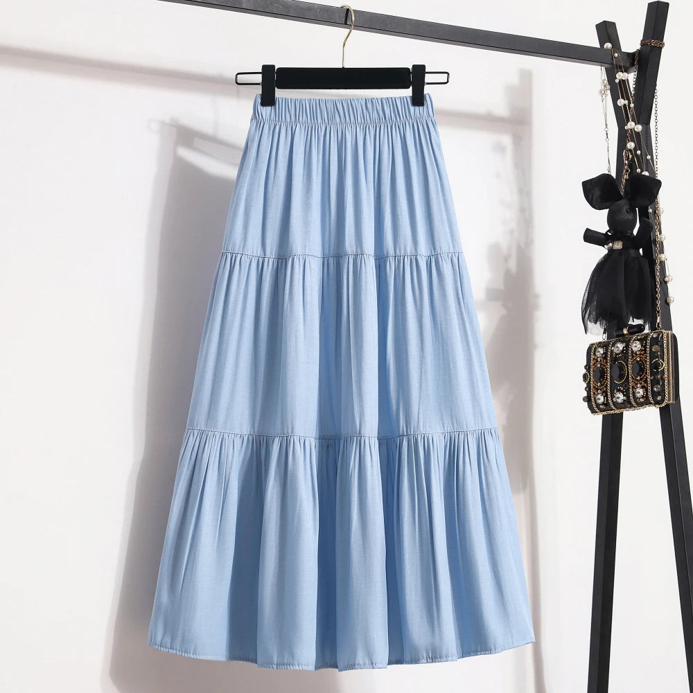 Women's Patchwork Denim A-Line Skirt – Color Spliced, Tencel, Big Swing, Long & Flowing Thin Skirt