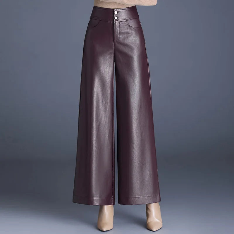 ZUZK High-Quality Women’s PU Leather Wide-Leg Pants – Autumn/Winter, Fashionable, Warm, Elegant Leather Trousers