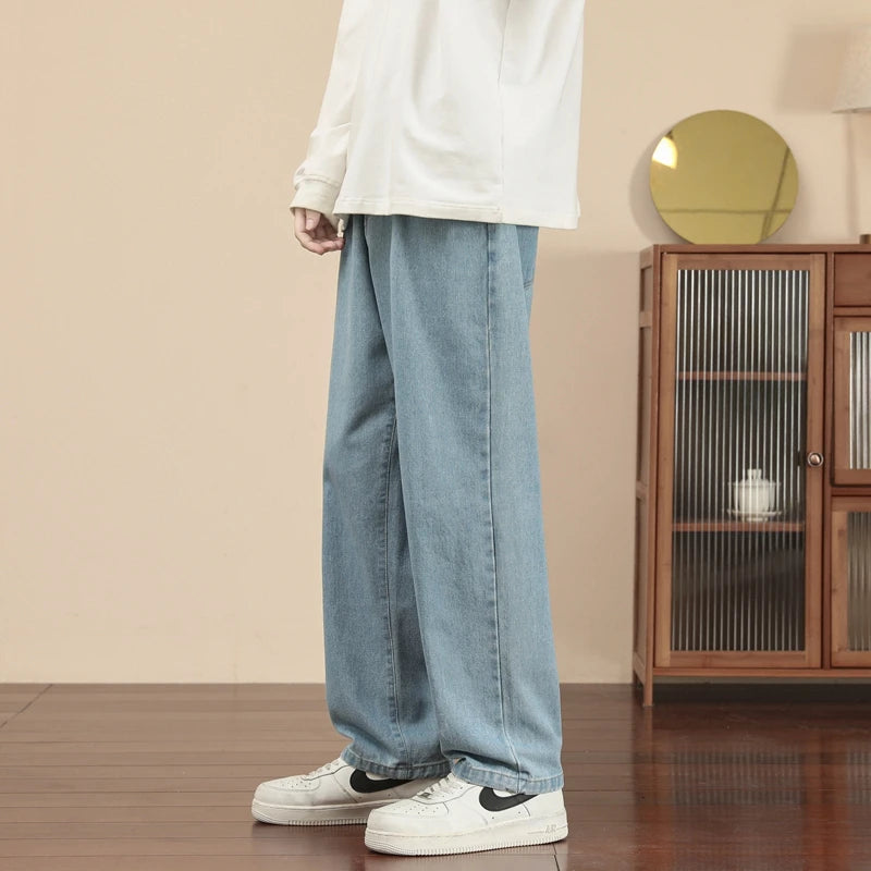 2023 Korean Fashion Men's Jeans: Ankle-length, straight fit, wide-leg denim in light blue, grey, black.