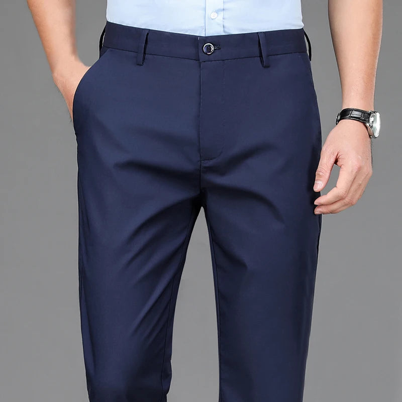 Men's Stretch Pants: Solid black, smart casual, quick-dry, straight-fit for office, spring/autumn.