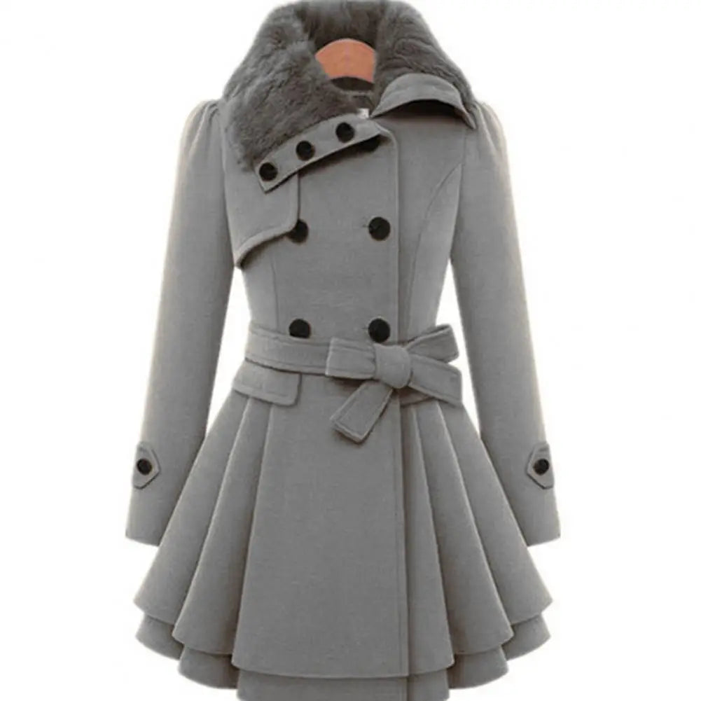 Women's Trench Coat – Thick, Midi Length, Double-Breasted, A-Line, Tight Waist, Autumn/Winter Jacket