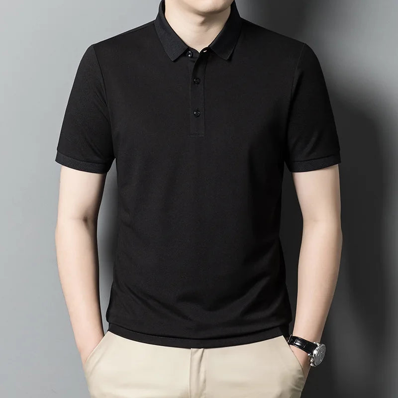 Summer Ice Silk Polo Shirt: High-end, solid color, half sleeve, non-marking, casual lapels, thin menswear for business.