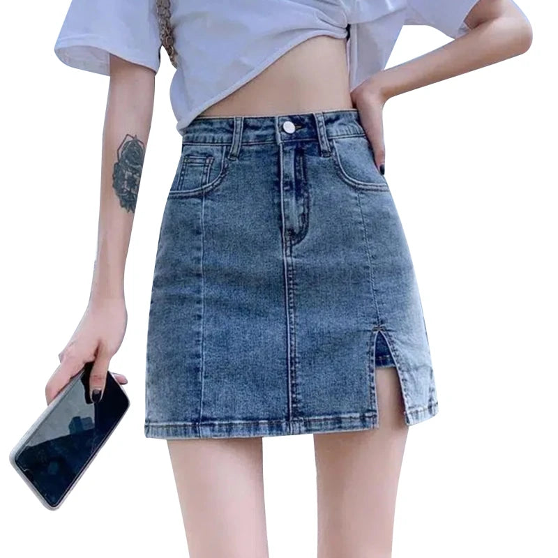 Korean High-Waist Denim Mini Skirt – Sexy, Tight Fit, Slim, Anti-Glare, Short Split Skirt, Y2K Style for Women