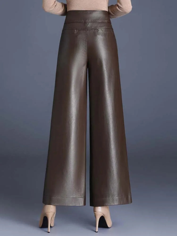 ZUZK High-Quality Women’s PU Leather Wide-Leg Pants – Autumn/Winter, Fashionable, Warm, Elegant Leather Trousers