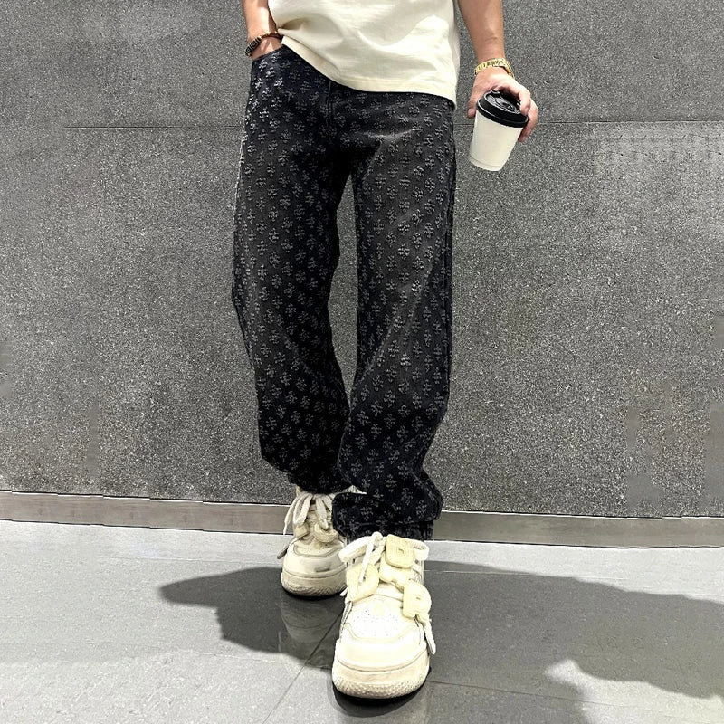 Men's Jacquard Denim Pants: Straight-fit, baggy, distressed wide jeans with intricate pattern.