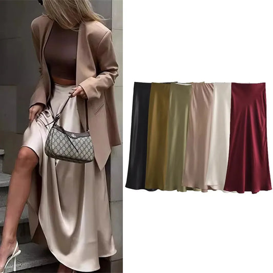 Ladies' Satin Midi Skirt – High Waist, Elegant, Office Wear, Spring/Summer