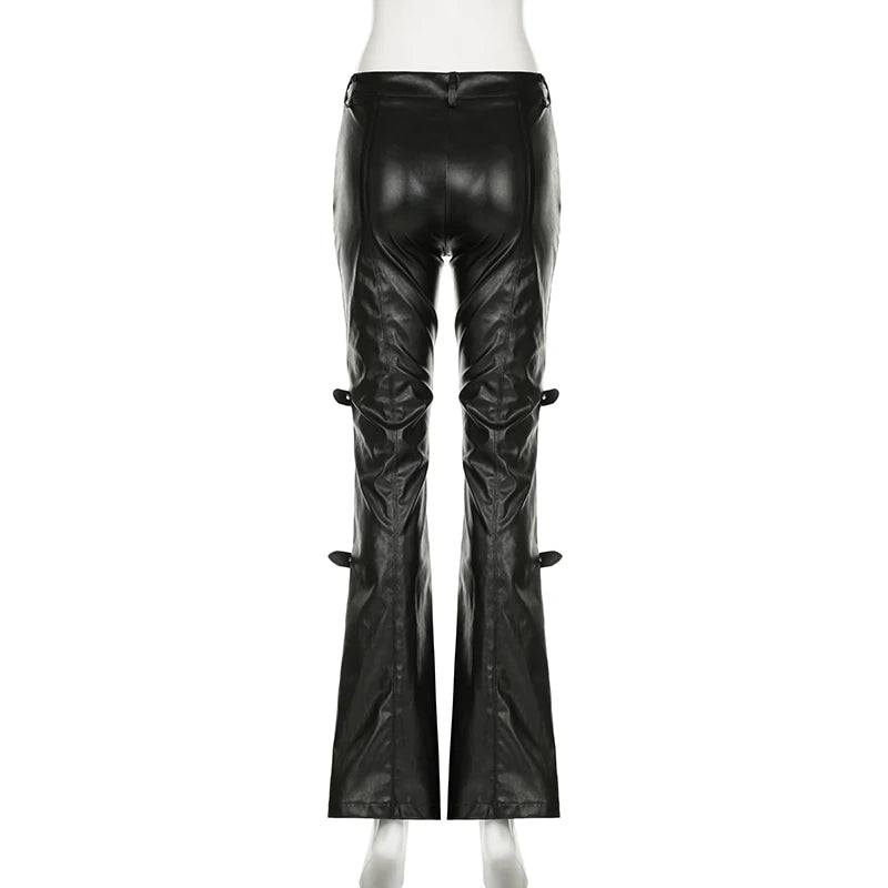 SUCHCUTE PU Leather Flare Pants – Goth, Buckle Lace, Y2K Vintage Streetwear