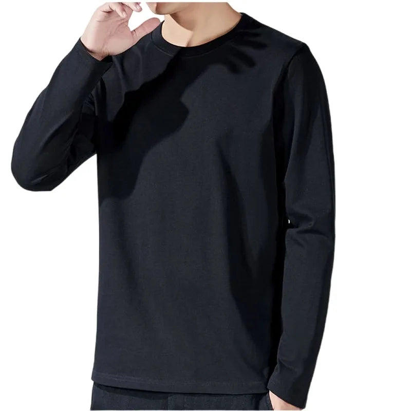 Men's Cotton Long Sleeve T-shirt: Solid color, full length, perfect for spring and autumn as an undershirt.