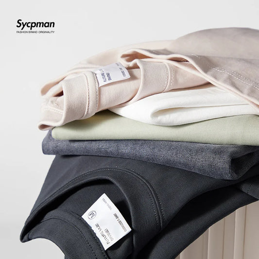 Sycpman Heavyweight T-shirt: 300g, oversized, drop shoulder, solid color, short sleeve for men in summer.