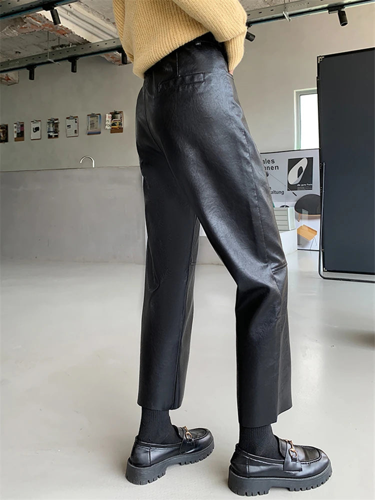 Seoulish Faux Leather Wide-Leg Pants – High Waist, Loose, Ankle Length, 2023