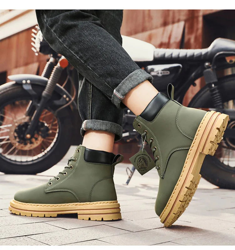 Men's High Top Leather Boots: Fashion, Motorcycle, Winter, Lace-Up Ankle Shoes.