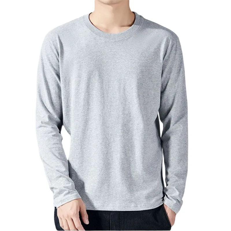 Men's Cotton Long Sleeve T-shirt: Solid color, full length, perfect for spring and autumn as an undershirt.