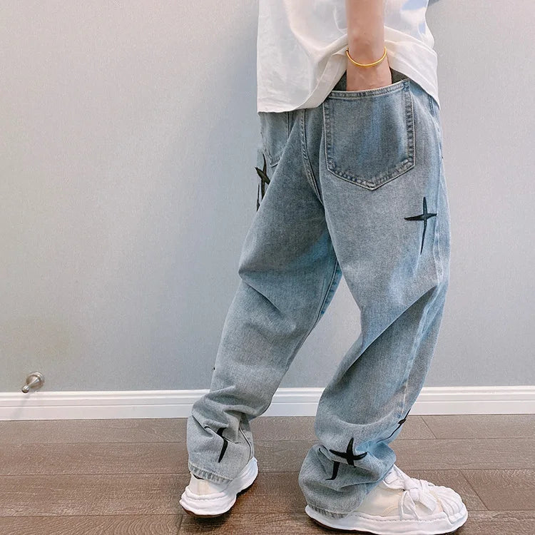 2023 Men's Print Jeans: Streetwear baggy, wide-leg, Korean fashion, loose denim cargo pants.