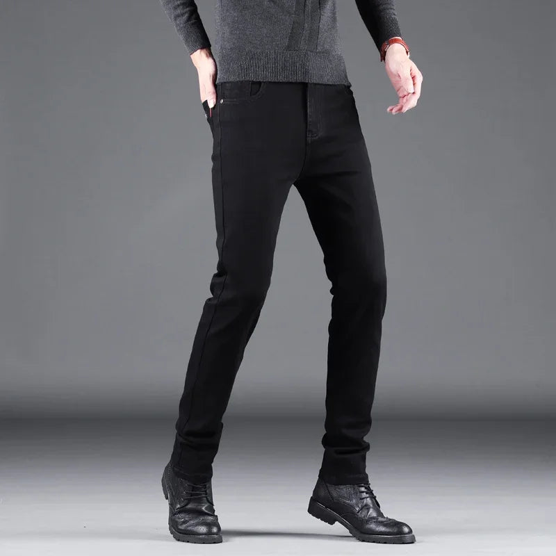 Spring-Autumn Men's Black Slim Jeans: Elastic, straight-fit, business-casual Korean vintage style.