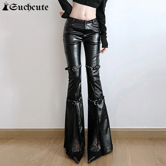 SUCHCUTE PU Leather Flare Pants – Goth, Buckle Lace, Y2K Vintage Streetwear