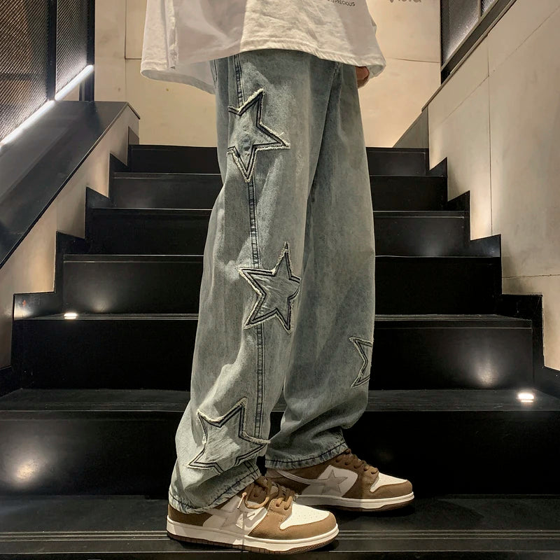 Star Embroidery Men's Jeans: Straight, wide-leg, loose hip-hop style, Gothic neutral Y2K streetwear.