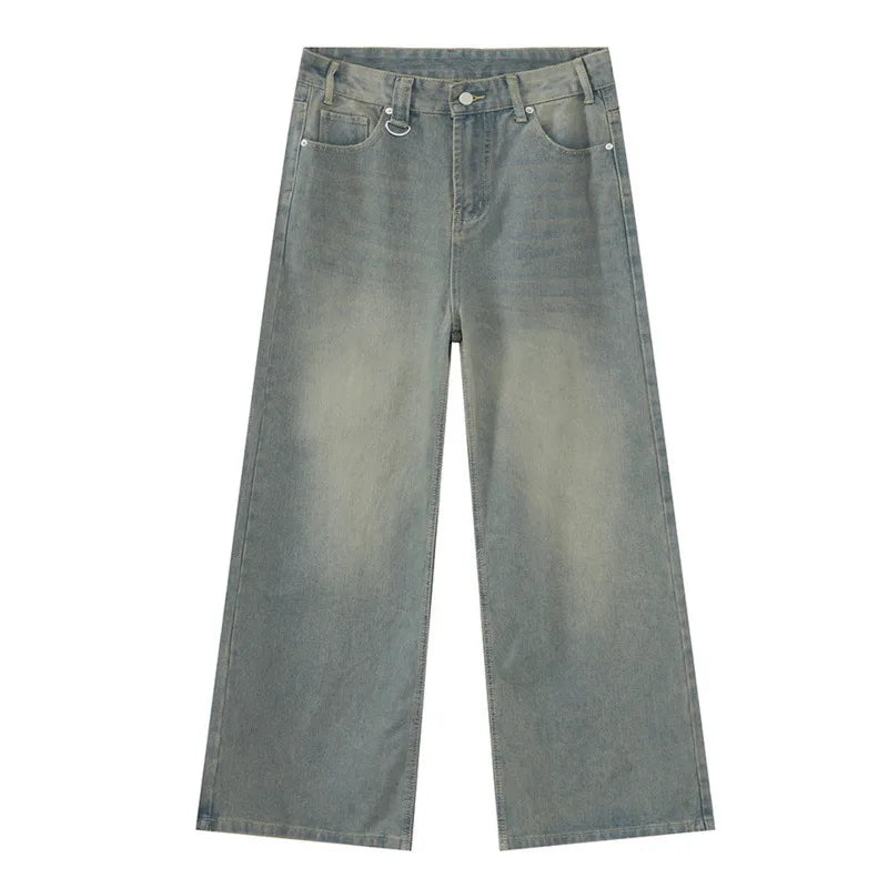 IEFB Summer Men's Denim Pants: Old blue washed, loose wide-leg, straight casual jeans, 2024 fashion.