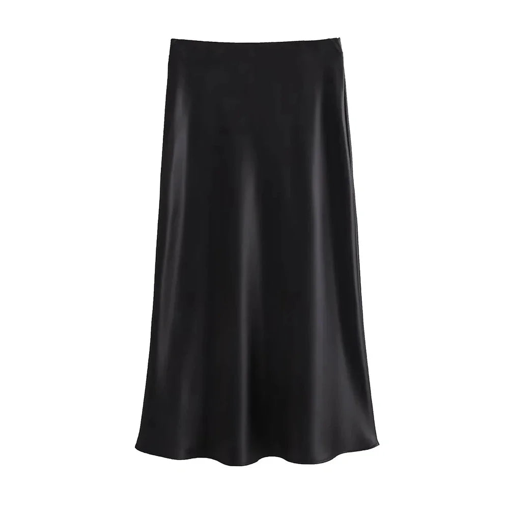 Women's Flowing Satin Midi Skirt – High Waist, Elastic Band, Chic Fashion