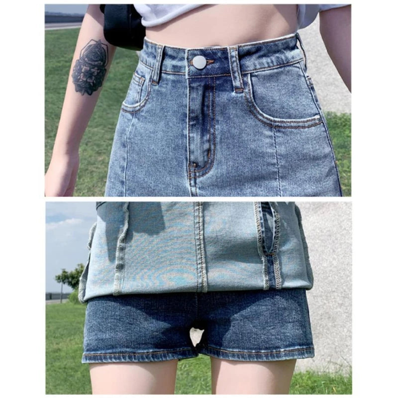 Korean High-Waist Denim Mini Skirt – Sexy, Tight Fit, Slim, Anti-Glare, Short Split Skirt, Y2K Style for Women