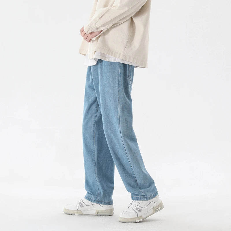 2023 Korean Fashion Men's Jeans: Ankle-length, straight fit, wide-leg denim in light blue, grey, black.