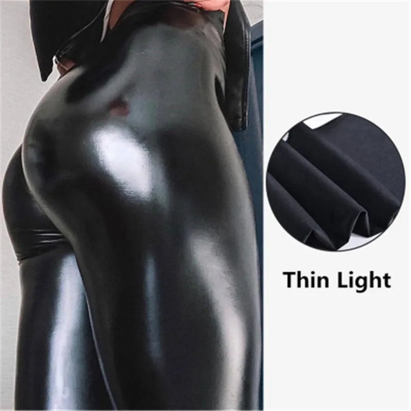 Shiny Black Sexy Leather Pants – Plus Size, PU Leggings, High Waist, Skinny, Elastic, Stretchy Tights for Women